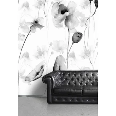 Carta da parati Grafiche Floreali CP0126 con papaveri acquarellati in bianco e nero di Pintdecor