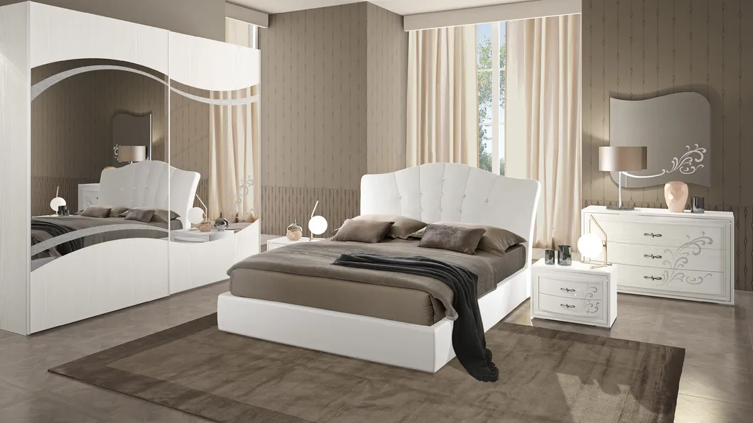 Gruppo Notte senza piedini Kelly in Frassino Bianco con decoro Argento di Adriatica