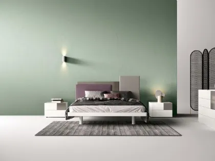 Letto matrimoniale E02 Mondrian Pad e Alfa con testiera asimmetrica rivestita in tessuto di Mercantini