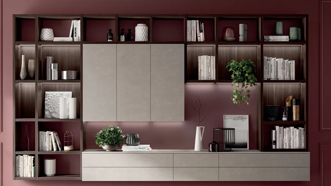 Libreria Living Mood sistema Fluida in decorativo Larice Nuance di Scavolini