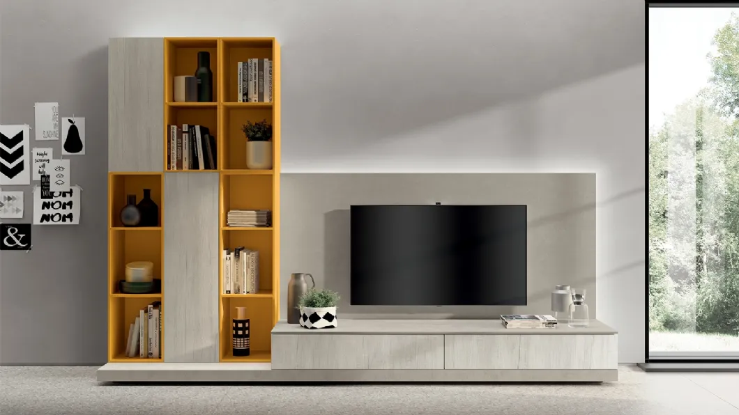 Libreria Living Sax in Texstyle Sabbia e laccato Genziana di Scavolini