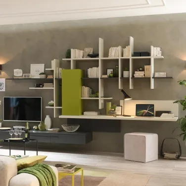 Libreria sospesa in melaminico Quarzo e laccato LV119 di Moretti Compact