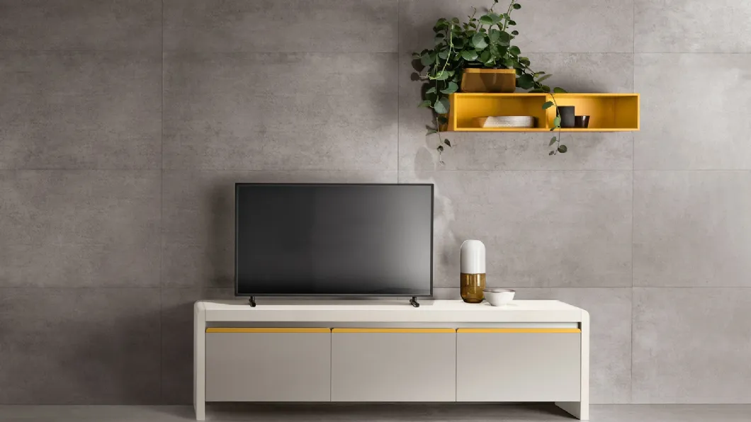 Parete Attrezzata Living Dandy Plus Grigio Velo e Giallo Senape di Scavolini
