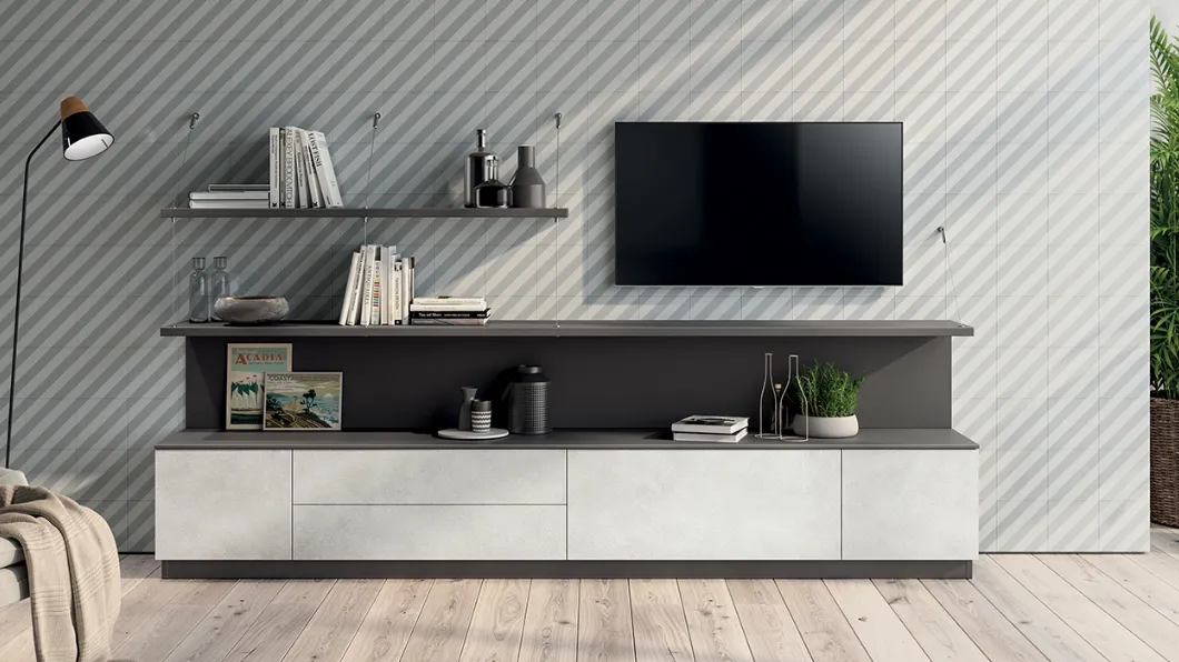 Parete Attrezzata Living Evolution in decorativo Concrete di Scavolini