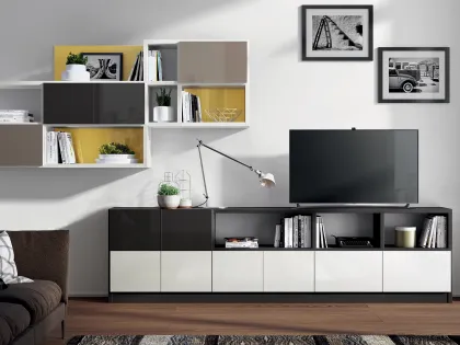 Parete Attrezzata Living Tetrix in vetro laccato lucido Visone e Grigio Ferro di Scavolini