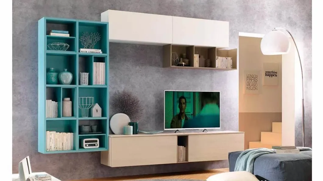Parete attrezzata sospesa con libreria LV114 di Moretti Compact