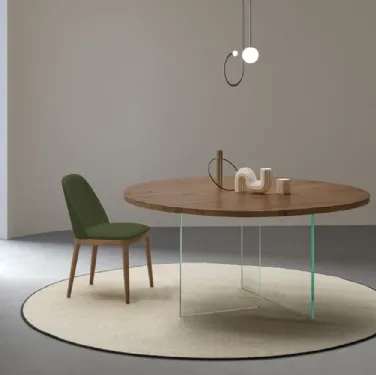 Tavolo Smart Rotondo con piano in legno e base in vetro trasparente di Devina Nais