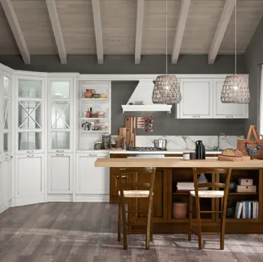 Cucina Classica ad angolo in laccato Bianco anticato con penisola in legno Siena scuro Sinfonia 03 di Colombini Casa Artec