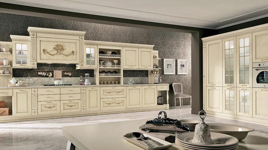 Cucina Classica ad angolo Opera 05 in legno naturale Avorio Gold di Colombini Casa Artec