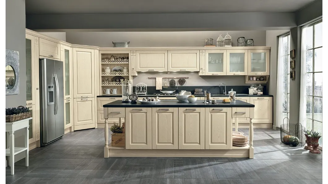 Cucina Classica con isola Opera 02 in legno naturale Avorio di Colombini Casa Artec