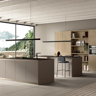 Cucina Moderna con doppia isola Angolo 37 06 in nobilitato Basalto e Rovere di Colombini Casa Artec