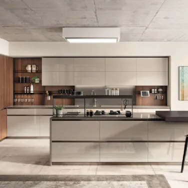 Cucina Moderna Boxi in laccato lucido Visone e Noce Sunset di Scavolini