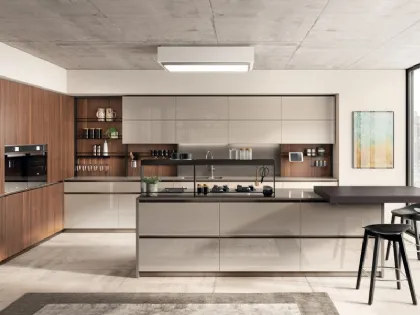 Cucina Moderna Boxi in laccato lucido Visone e Noce Sunset di Scavolini