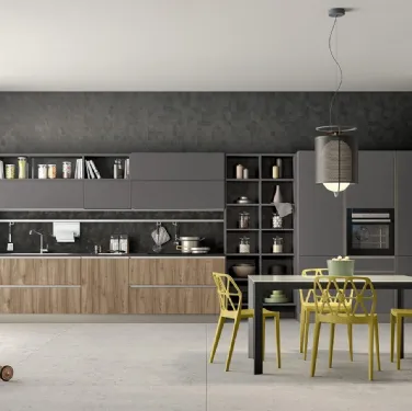 Cucina Moderna lineare Linea 05 in nobilitato finitura Grigio e Noce Gold di Colombini Casa Artec