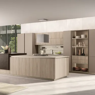 Cucina Moderna con isola Lungomare 06 in nobilitato Noce Beige e Peltro e Pet Visone di Colombini Casa Artec