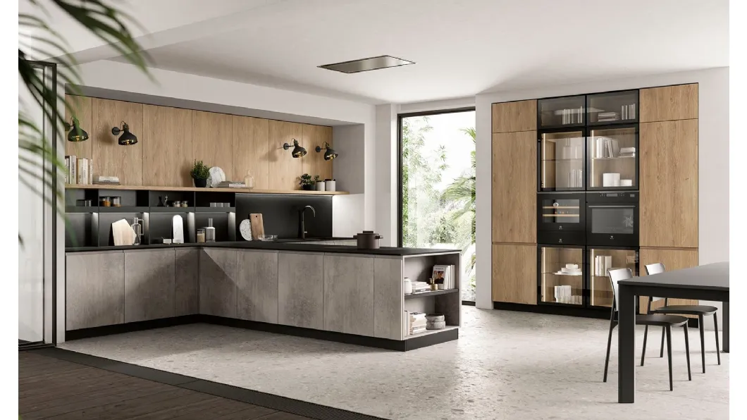 Cucina Moderna con penisola Pura 01 in nobilitato finitura Cemento e Royal Oak di Colombini Casa Artec