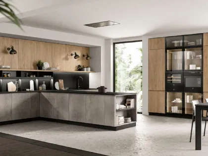 Cucina Moderna con penisola Pura in nobilitato finitura Cemento e Royal Oak di Colombini Casa Artec