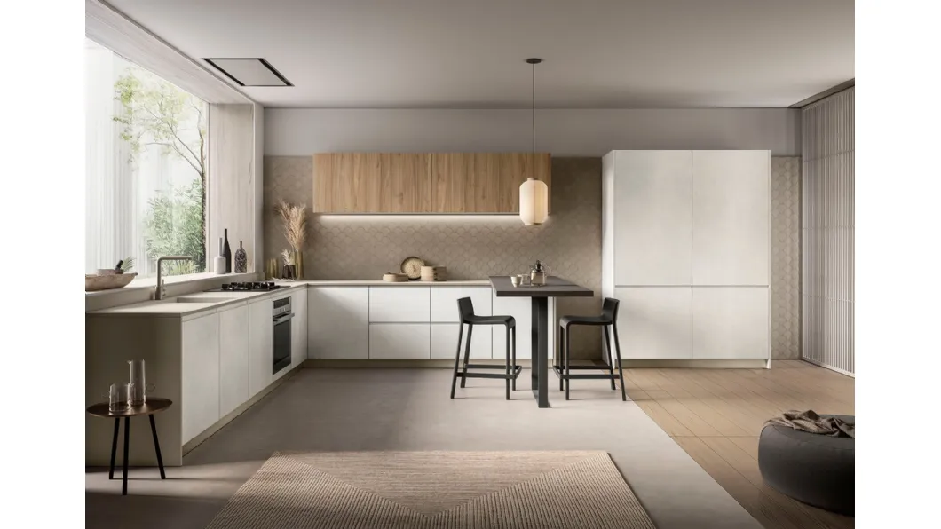 Cucina Moderna angolare con penisola Pura in nobilitato finitura Cemento Artico e Noce Gold di Colombini Casa Artec