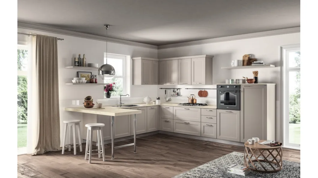 Cucina Moderna angolare con penisola Colony in laccato opaco Sabbia di Scavolini