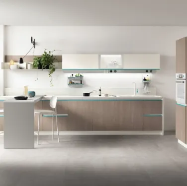Cucina Moderna Dandy Plus Rovere Gessato con maniglia Blu Agave di Scavolini