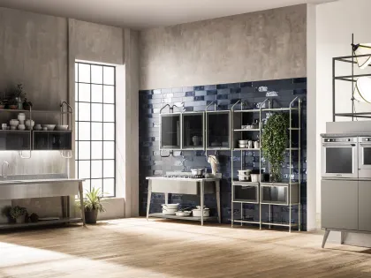 Cucina Moderna Diesel Open Workshop con top in Corian e finiture Acciaio Soft di Scavolini