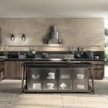 Cucina Moderna angolare con isola Diesel Open Workshop Noce Garden di Scavolini