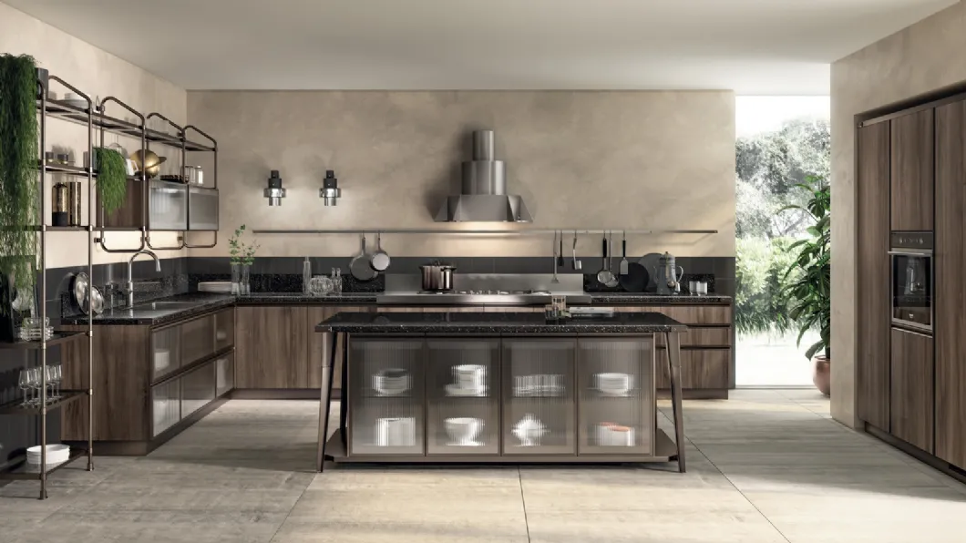 Cucina Moderna angolare con isola Diesel Open Workshop Noce Garden di Scavolini