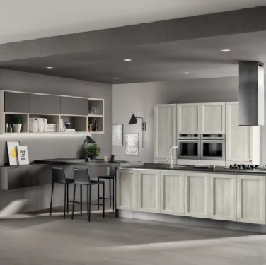 Cucina Moderna  lineare Evolution in decorativo Rovere Artic e laccato opaco grigio di Scavolini