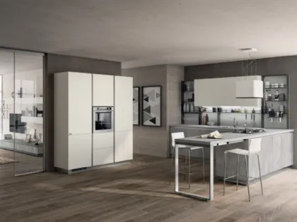 Cucina Moderna angolare con penisola Evolution in decorativo Concrete Medium e laccato Bianco opaco di Scavolini