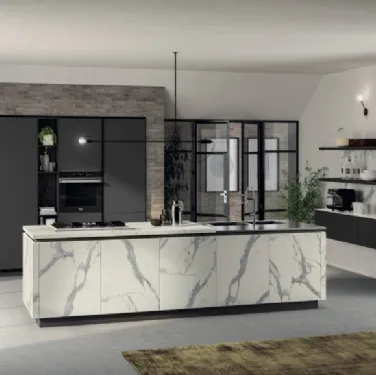 Cucina Moderna Liberamente in laminato Statuario e Grigio Ferro di Scavolini