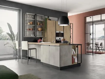 Cucina Moderna con penisola Linea 03 in nobilitato finitura Cemento artico e Royal Oak di Colombini Casa Artec