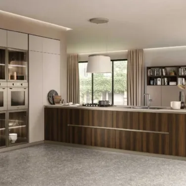 Cucina Moderna con penisola Lungomare 02 finitura nobilitato Eucalipto e Fenix Beige di Colombini Casa Artec