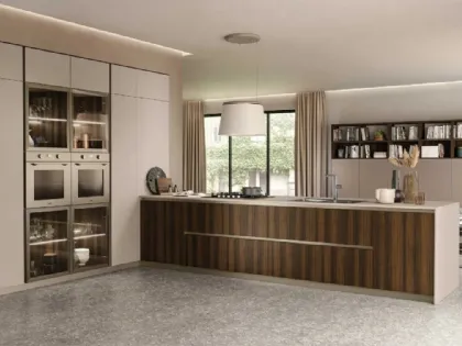 Cucina Moderna con penisola Lungomare 02 finitura nobilitato Eucalipto e Fenix Beige di Colombini Casa Artec