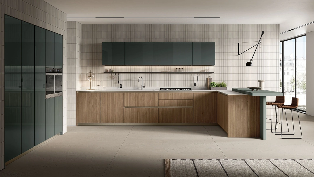 Cucina Moderna con penisola Lungomare Plus 09 in Noce e laccato lucido di Colombini Casa Artec