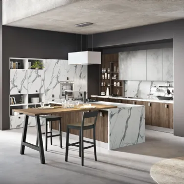 Cucina Moderna con isola Miami 42 in legno e melaminico effetto marmo di Spar