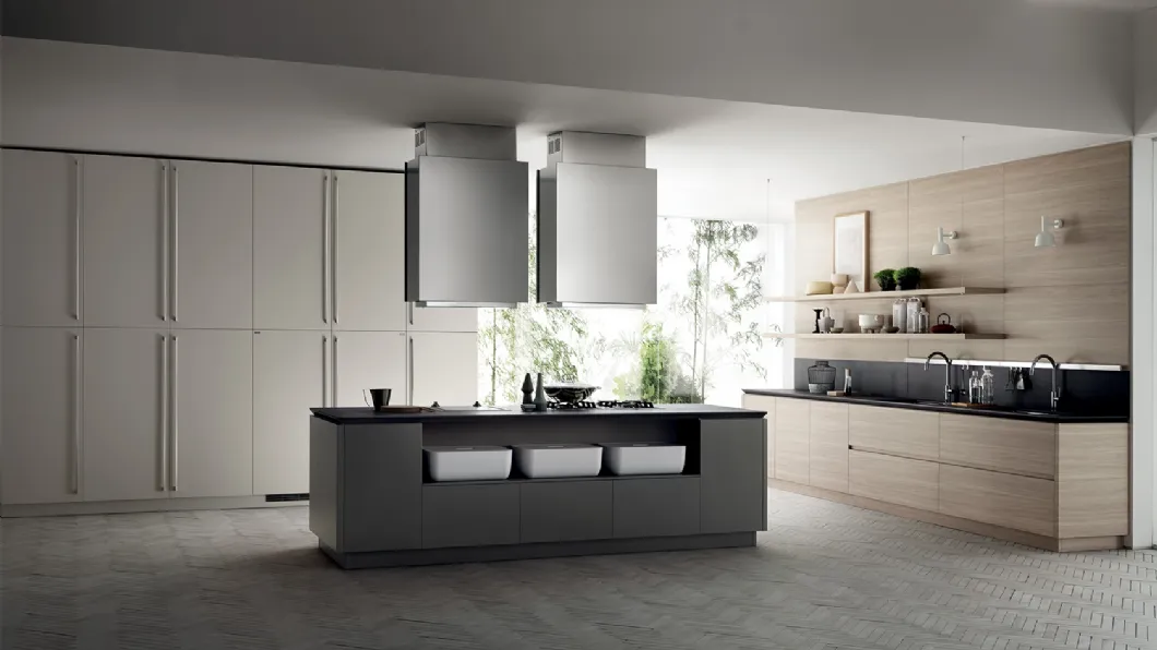 Cucina Moderna Qi Qi in laccato Grigio Titanio, Grigio Chiaro e Olmo Hono di Scavolini