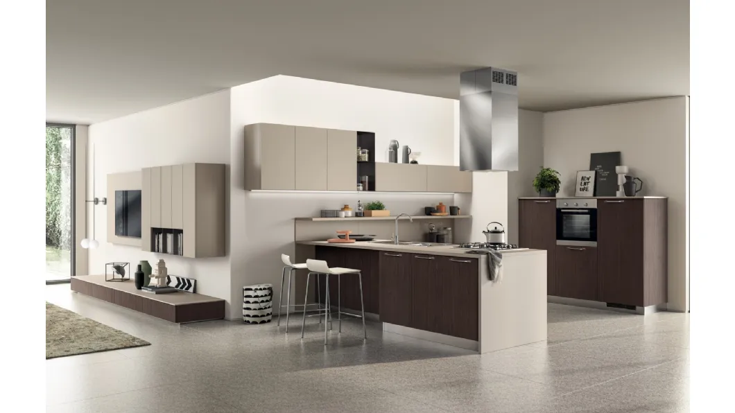 Cucina Moderna lineare Sax in laccato opaco Visone e in decorativo Noce Fashion di Scavolini