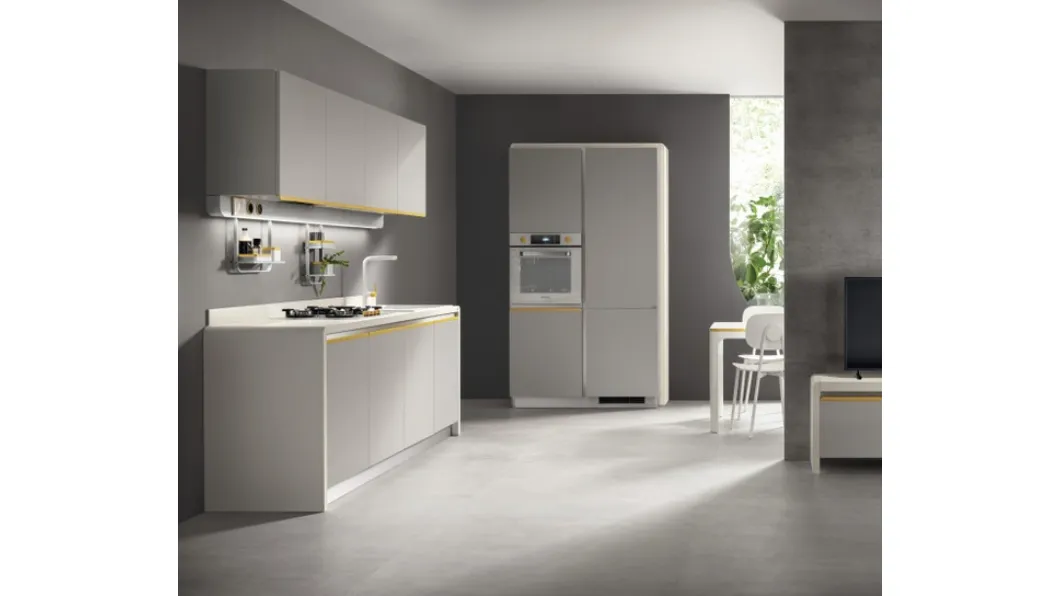 Cucina Moderna Dandy Plus Grigio Velo e maniglia Giallo Senape di Scavolini