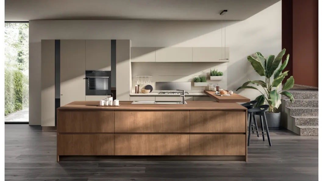 Cucina Moderna con isola e penisola Motus in Rovere Landscape e laccato opaco Visone di Scavolini