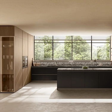 Cucina Moderna con penisola Stilo 02 in decorativo Ink Black e Quercia Toffee di Scavolini