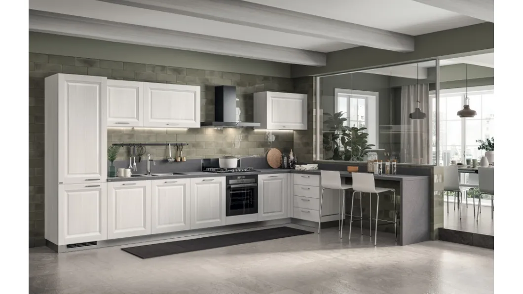 Cucina su misura angolare con penisola Family in decorativo Larice Neve di Scavolini