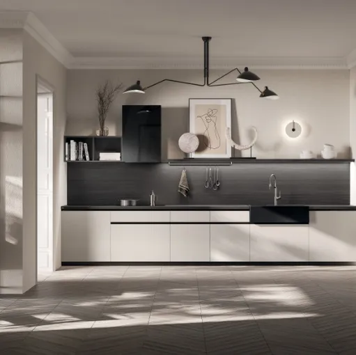 Cucina su misura angolare con penisola Family in decorativo Larice Neve di Scavolini